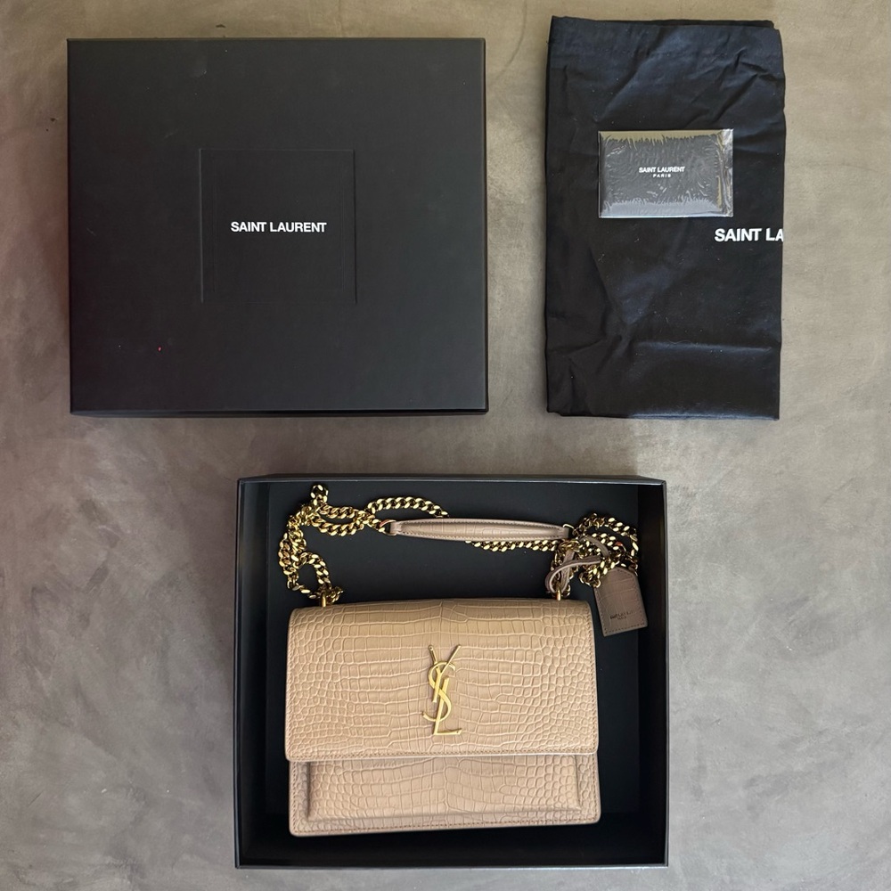 Saint Laurent Sunset Medium Croc-Embossed Leather Shoulder Bag in Dark Beige - Picture 16 of 16